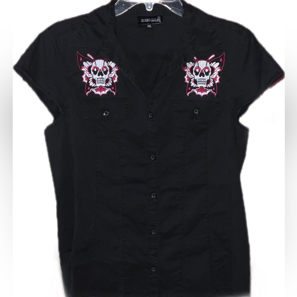 VTG Sourpuss Pink Embroidered Death Moth Skull Butterfly Rockabilly top